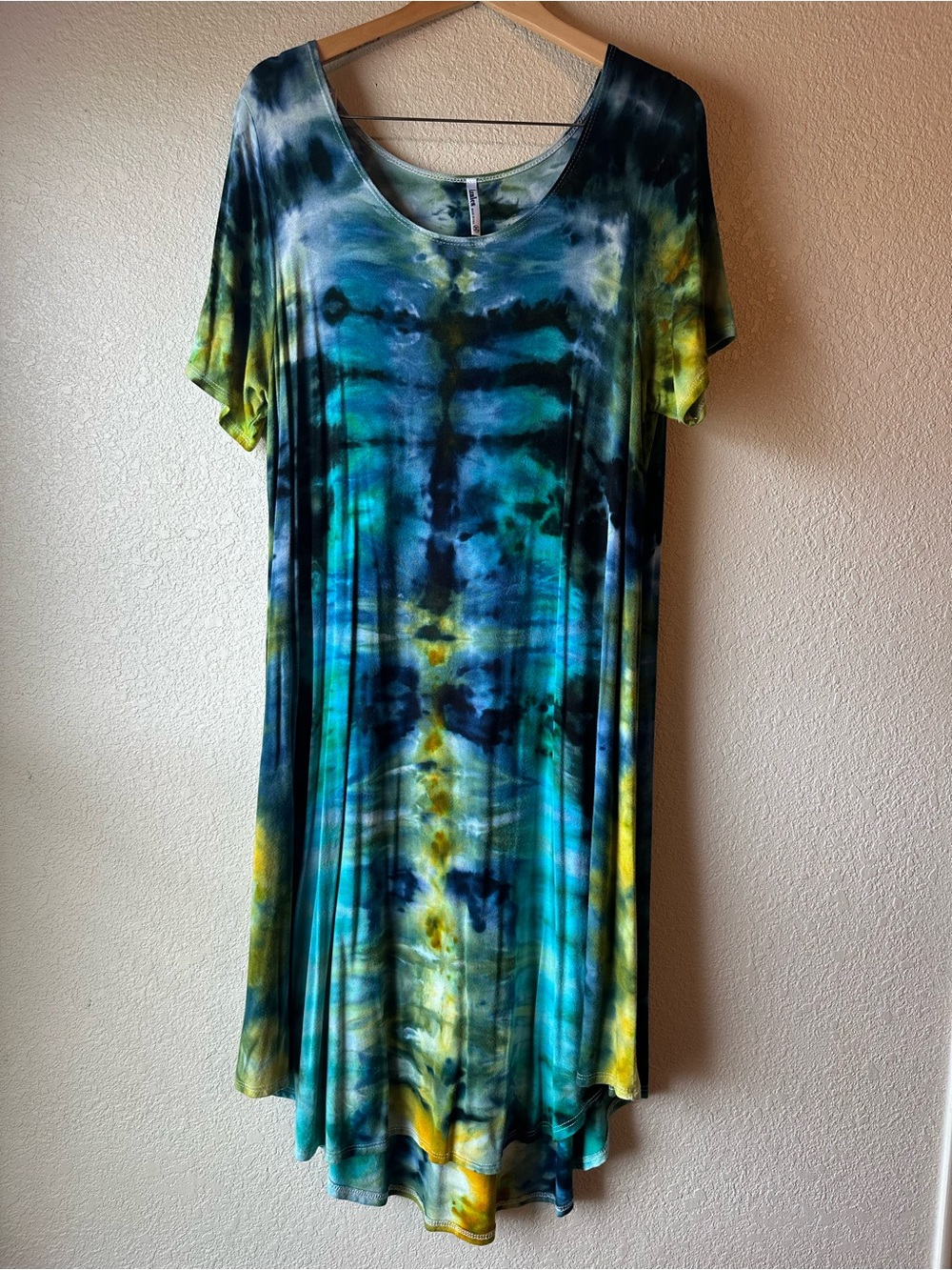 Azules 💙 Blue & Green Tie-Dye Scoop Neck Tunic Dress Size XL